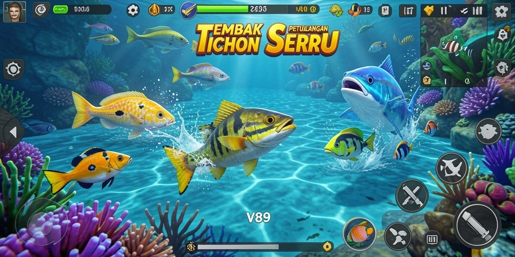 Tampilan gameplay V89 menunjukkan aksi menembak ikan yang mendebarkan.